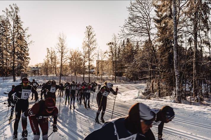 The image depicts a group of skiers competing in a cross-country race, navigating through a snowy, wooded landscape under a clear sky.AI-genereret indhold kan være ukorrekt.